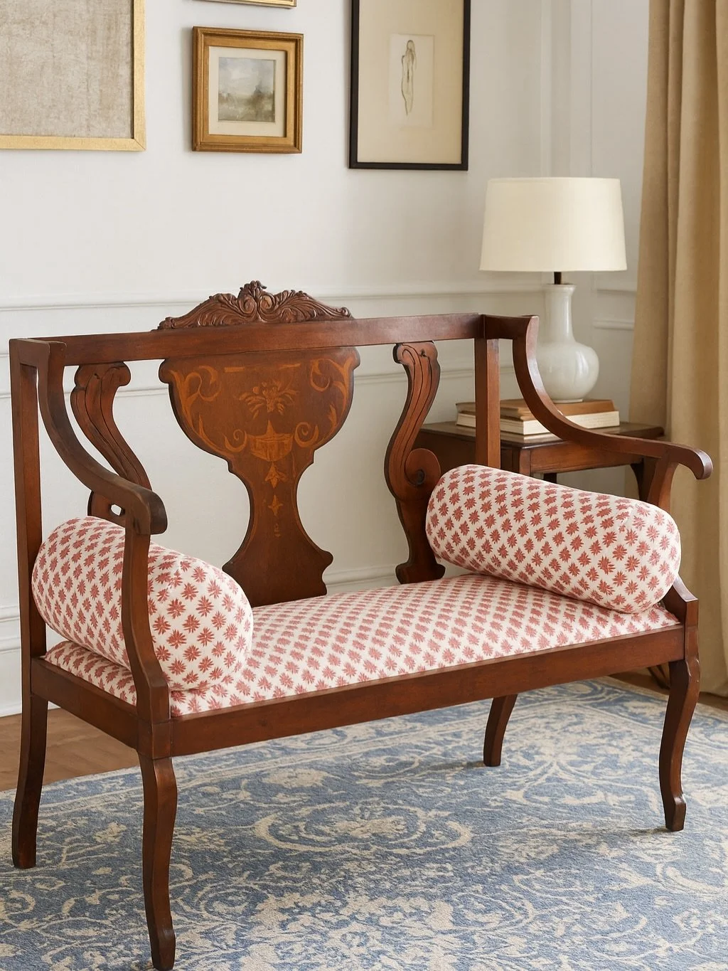 Visualizing a room with this antique piece renovated by a client taking center stage, swipe to see the real bench in the warehouse and the fabric they chose! ✨ Corona in Poppy 

Interior Design Charleston, Vintage Finds, Repurposed antiques, Charlest