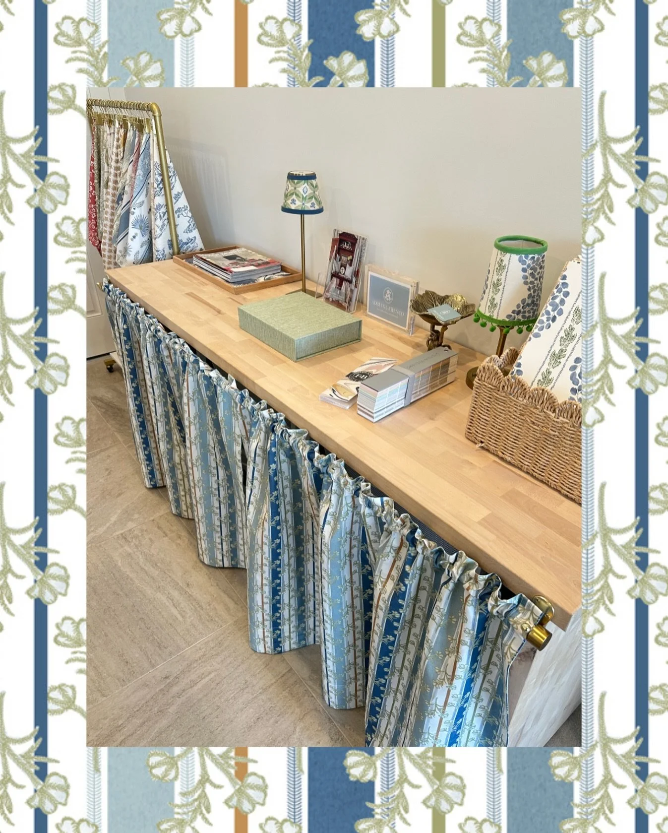 The studio just got the cutest update &mdash; a little Georgia Stripe curtain for the work table.
It&rsquo;s amazing what a simple layer of fabric can do.
And yes&hellip; we can make custom curtains like this for any space that needs a pretty little 