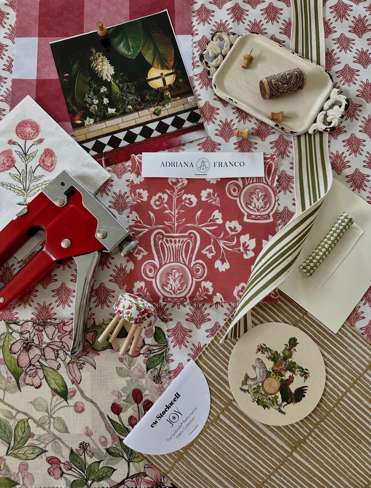 I pulled together this moodboard with a hint of holiday color and a whole lot of what&rsquo;s been inspiring me lately: British countryside coziness, tailored stripes, playful harlequin, deep reds, and a few classic upholstery projects.

And of cours