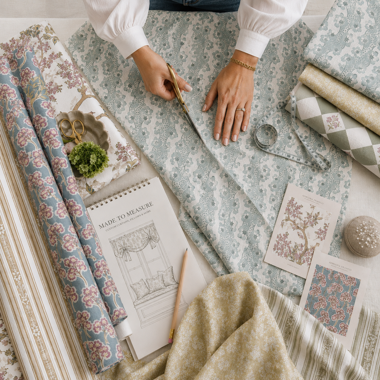 Person measuring and cutting floral fabric with scissors on a worktable surrounded by fabric bolts, design sketches, a tape measure, and fabric sample cards.
