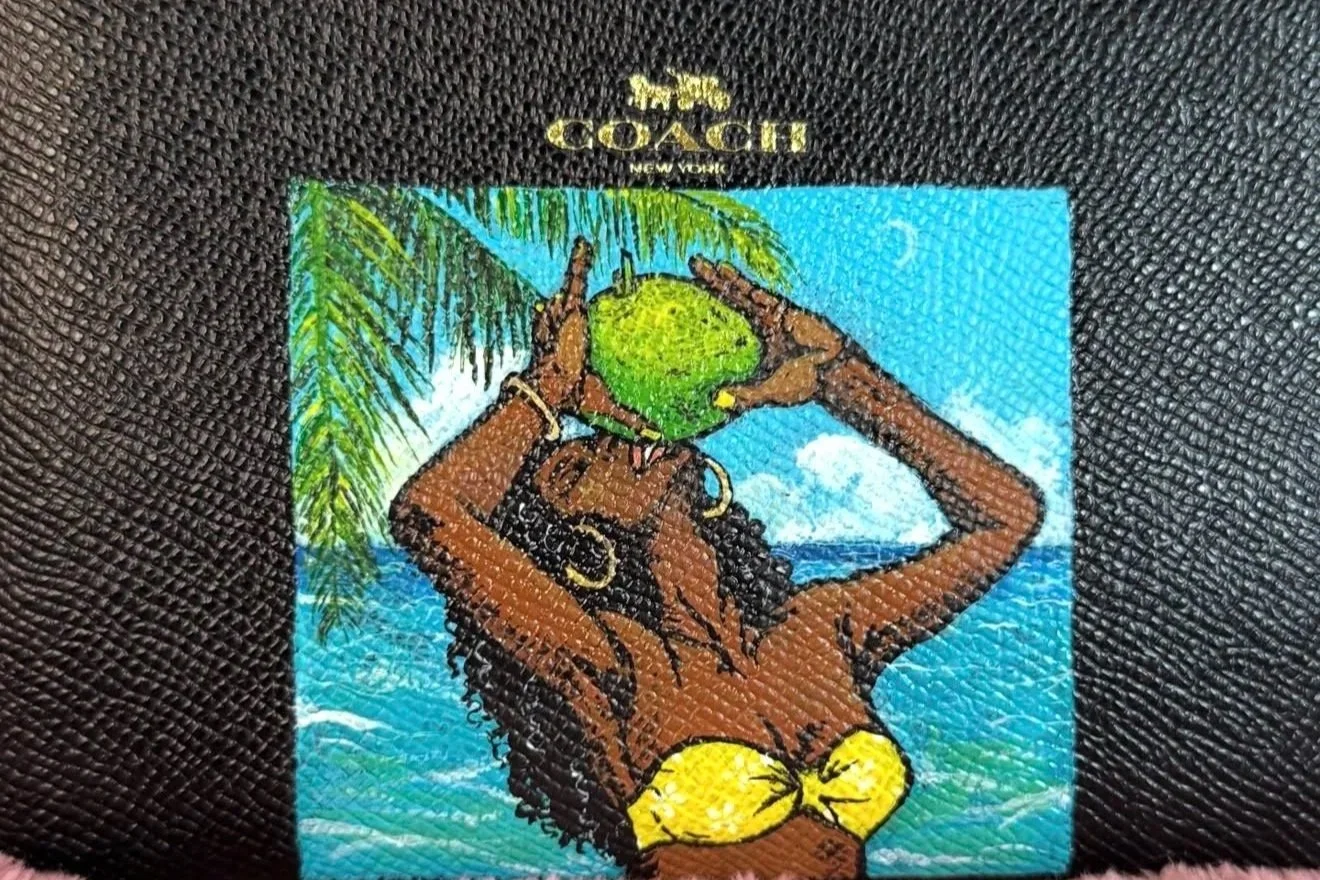 coach wallet custom made tropical scene with girl drinking coconut water 