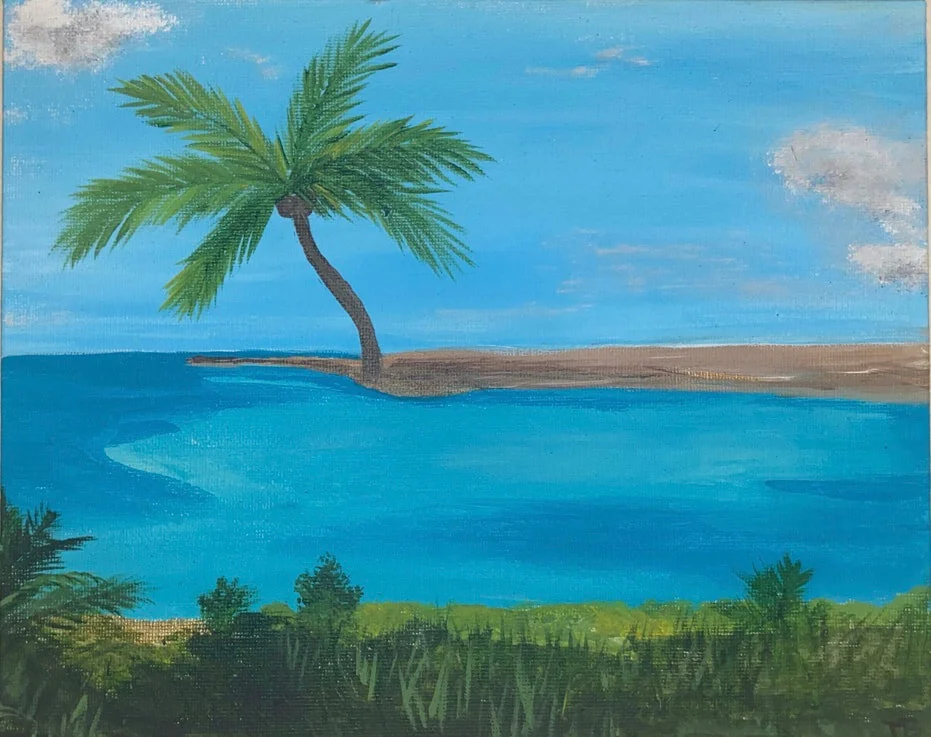 Painting of a tropical landscape with a palm tree, a blue body of water, a clear sky, and green vegetation in the foreground.