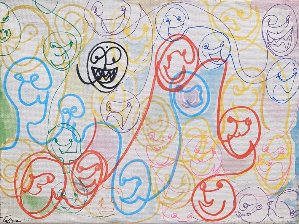 Colorful abstract drawing of smiley faces in various sizes and colors, overlapping and interconnected, with a playful and whimsical style.