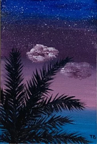 Night sky with stars and clouds over silhouette of palm trees.