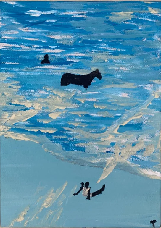A painting depicting a person falling through the sky towards a landscape with a giant swirling cloud and a horse standing on a hill.