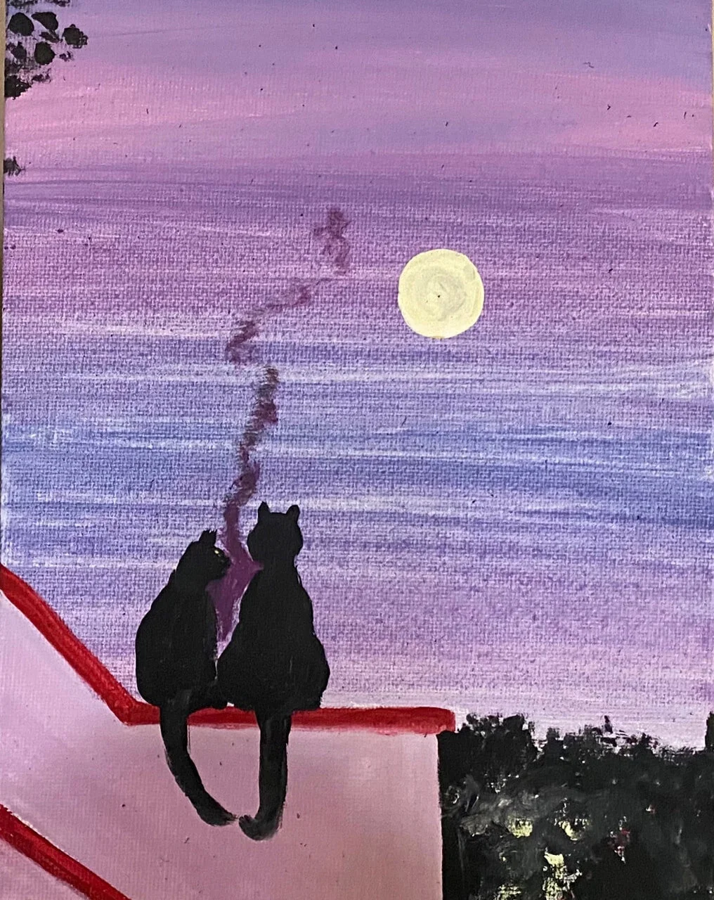 Painting of two black cats sitting on a rooftop at night, looking at a full moon in a purple and pink sky, with some tree foliage in the corners.