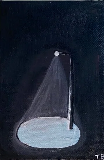 Painting of a spotlight shining on a circular stage or platform against a black background.