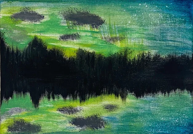 Painting depicting a landscape scene with green and blue sky, trees, and reflection in water.