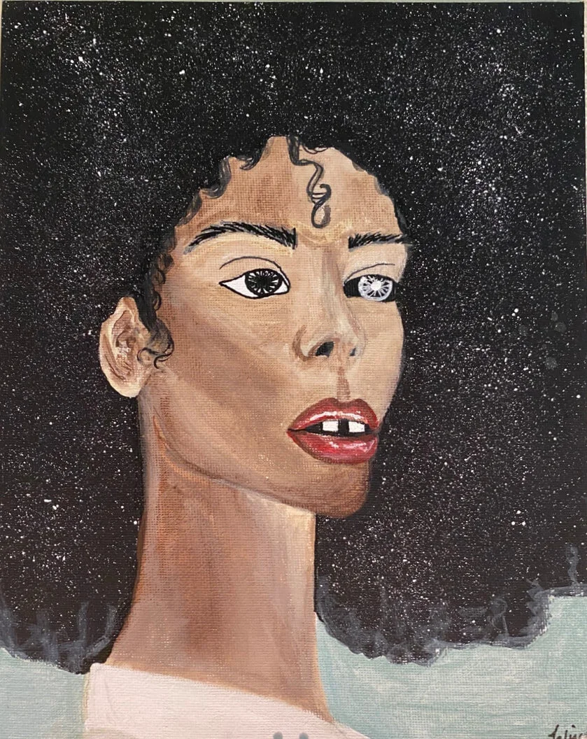 A portrait of a woman with natural curly hair, brown skin, and an expressive face, set against a starry black background.