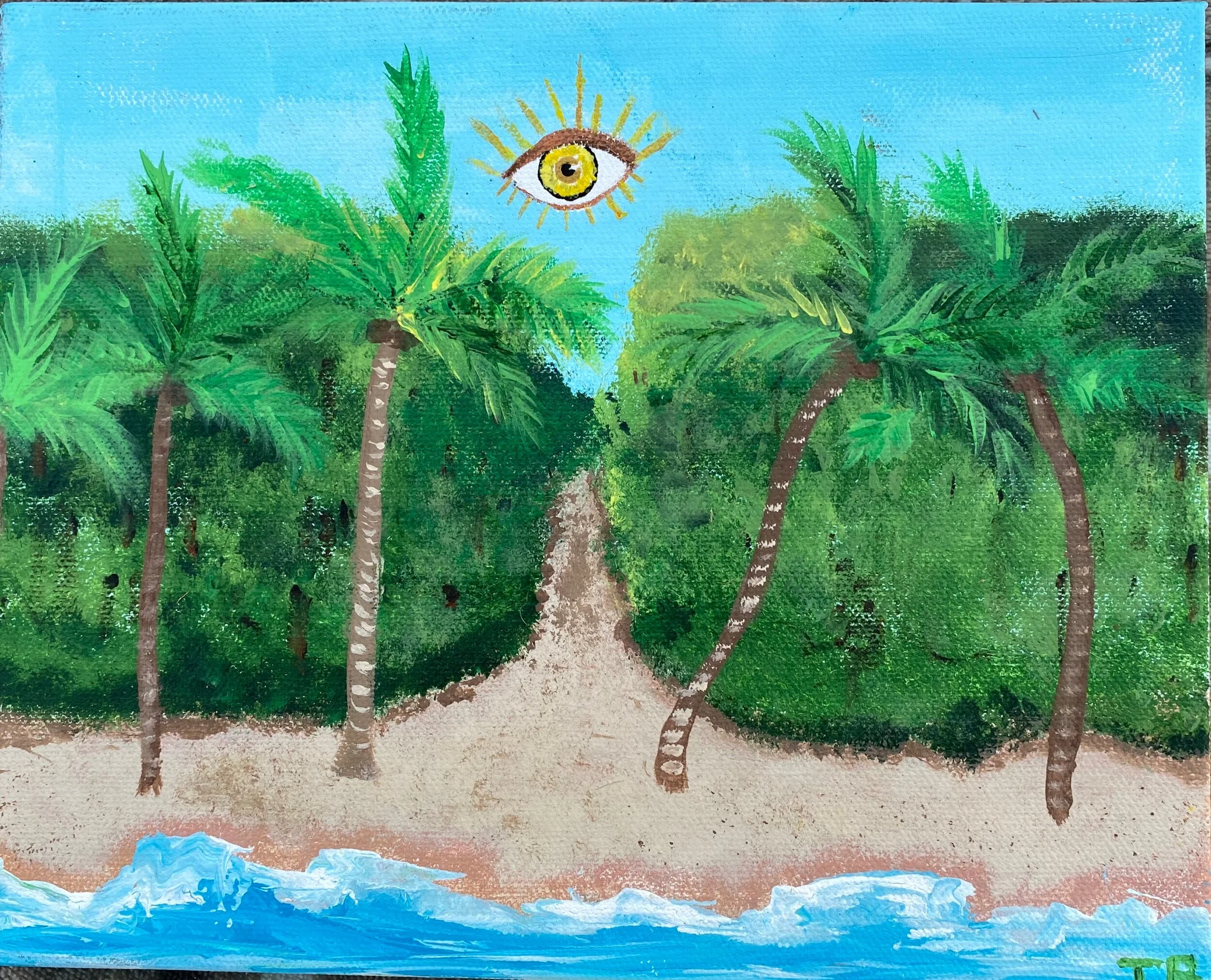 Painting of a lush green forest with multiple trees, a dirt path, blue sky, and small blue clouds.