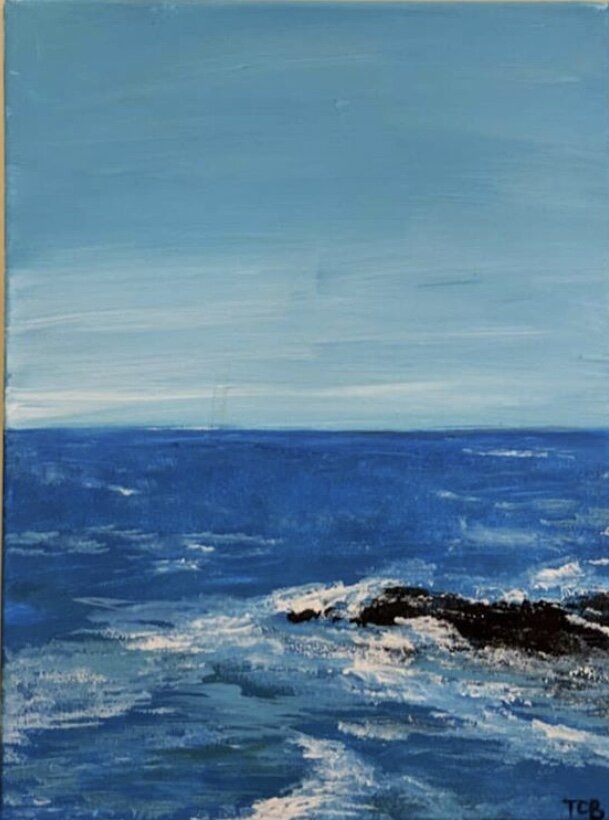 Painting of a seascape with blue ocean waves and a clear sky.