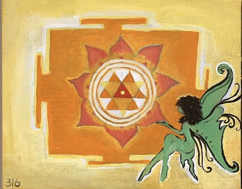A painting featuring a colorful abstract background with a central geometric design resembling a star or flower, and a green mythical FAIRY FAERIE with wings, curly hair, and a tail in the foreground.