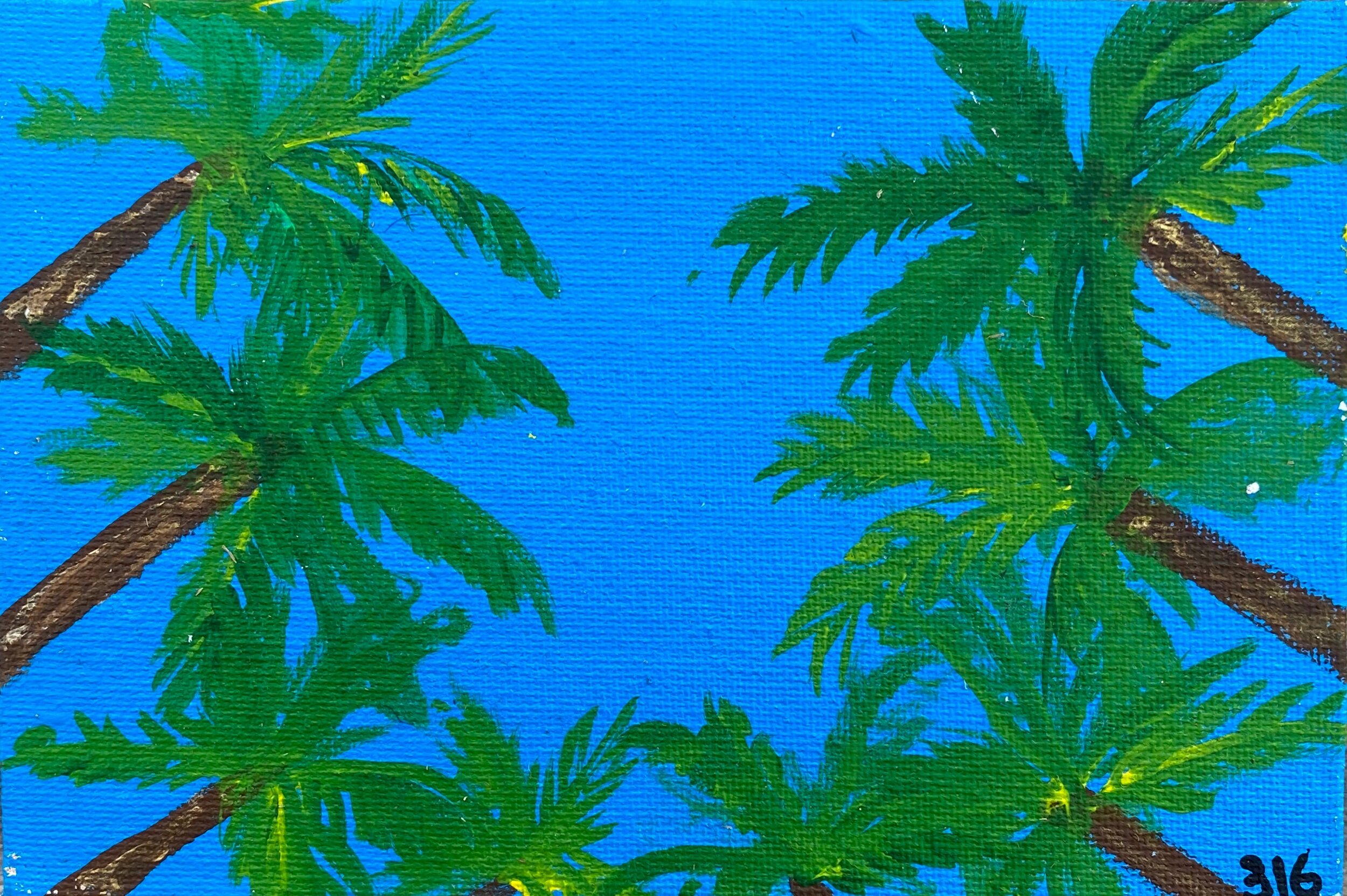 A painting of three palm trees against a bright blue sky.