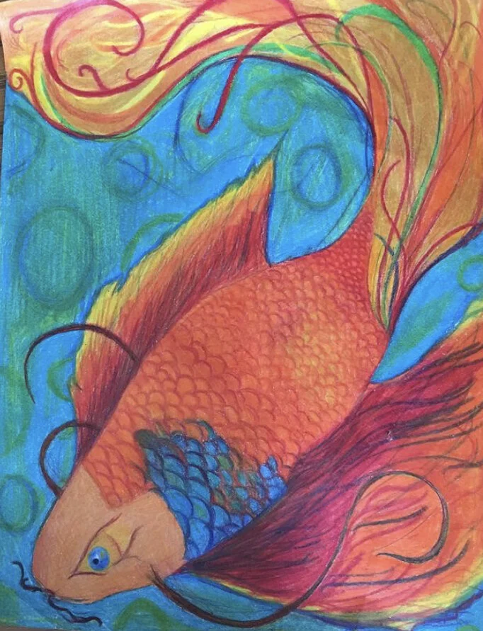 A colorful drawing of a fish with orange scales, blue fins, and yellow eye, surrounded by abstract swirls and patterns in various bright colors.