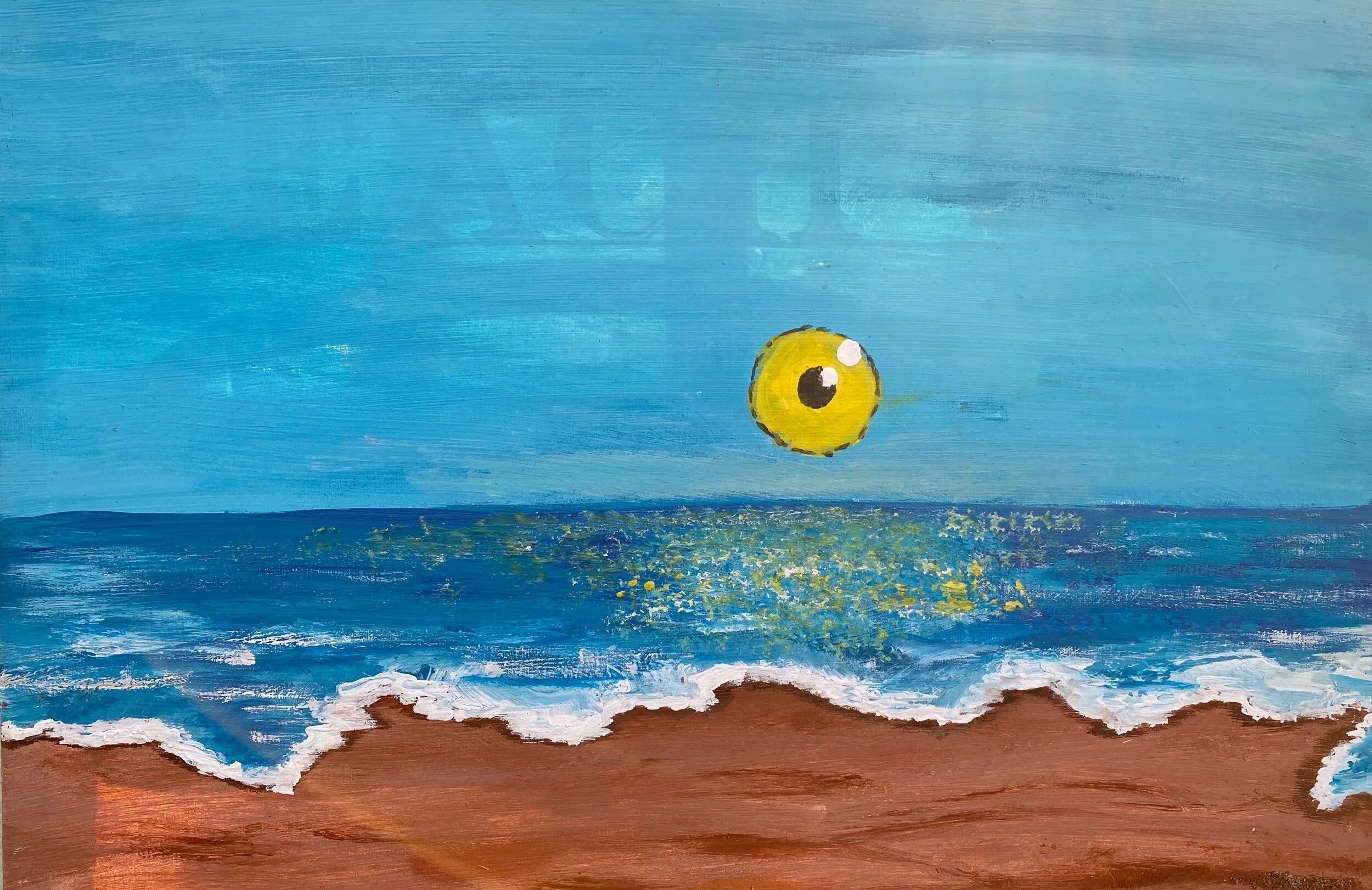 Painting of a beach with blue water, white waves, and a sky, with a yellow smiling face floating in the sky.
