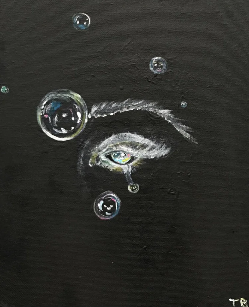 A painting of an eye with a tear, surrounded by several reflective bubbles, set against a black background.