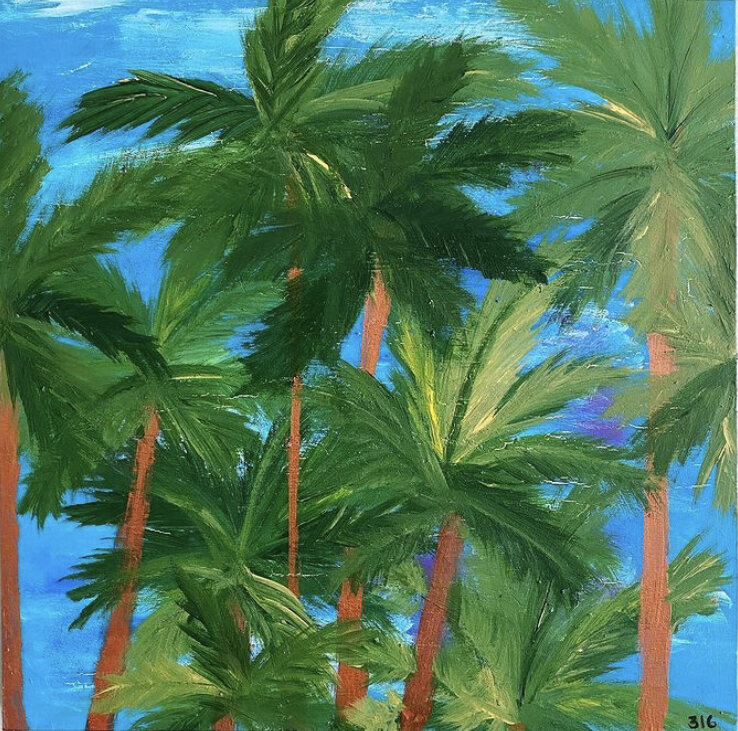 Painting of tall green palm trees with brown trunks against a bright blue sky.