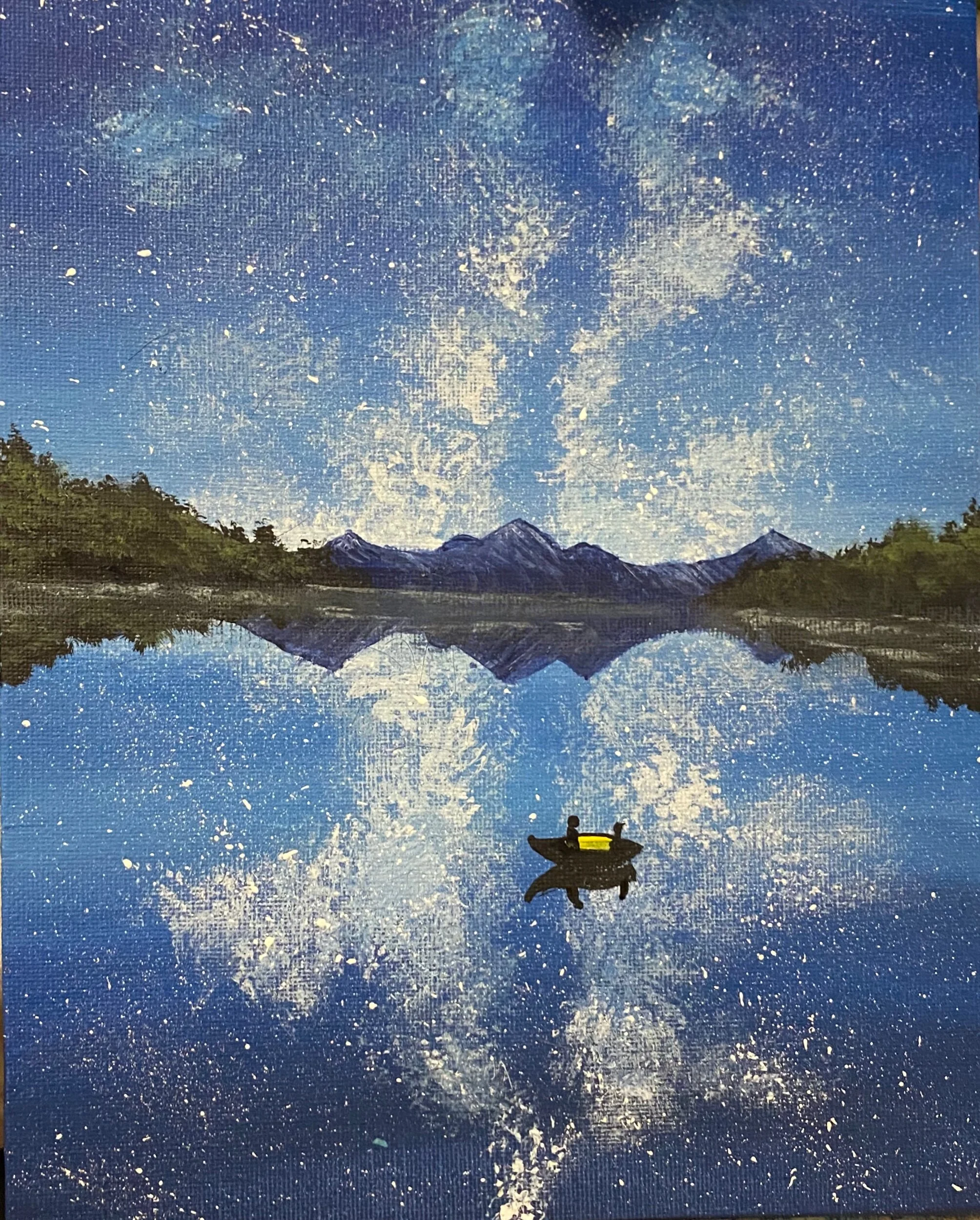 Painting of a starry night sky reflecting on water, with mountains and trees, and a small boat with PEOPLE IN a boat.
