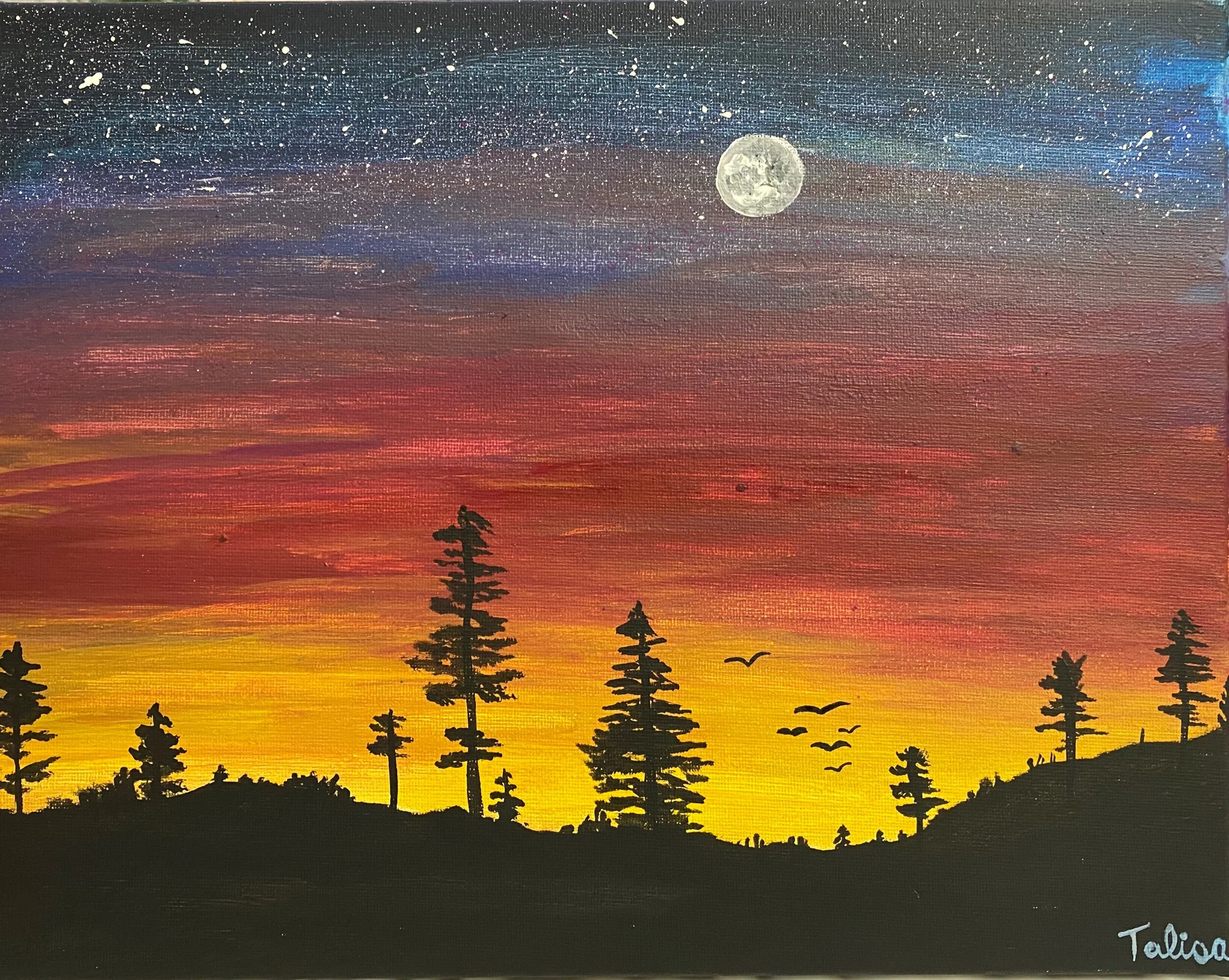 A painting of a sunset landscape with dark silhouette trees in the foreground, a colorful sky with hues of red, orange, yellow, and purple, and a bright full moon in the night sky.