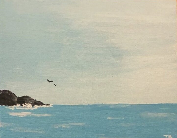 A painting of the ocean with a small rocky island on the left and a couple of birds flying in the sky.