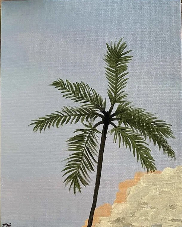 Painting of a palm tree with a light blue sky background and some beige and pink textured ground.