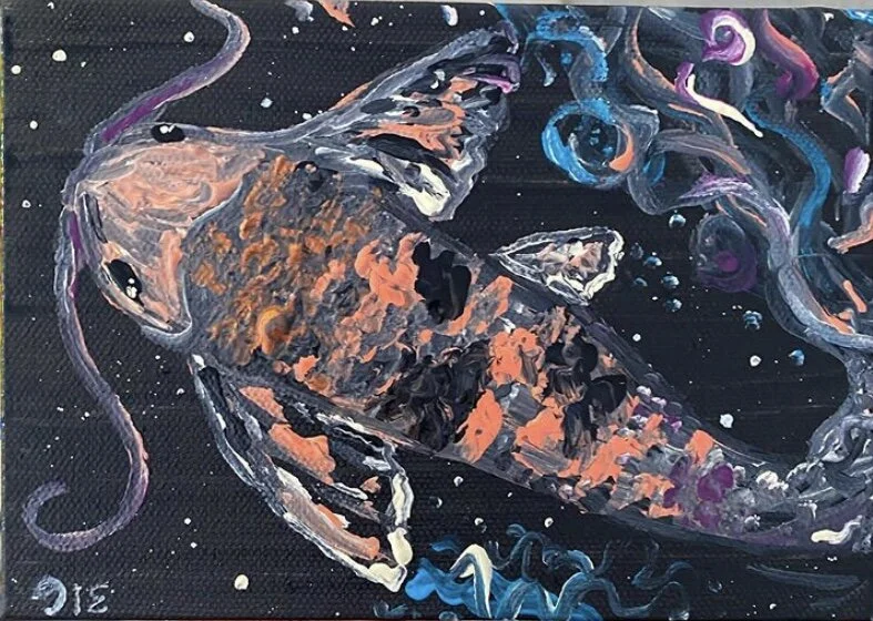 An abstract painting of a fish swimming in a dark, starry ocean with swirling, colorful patterns.