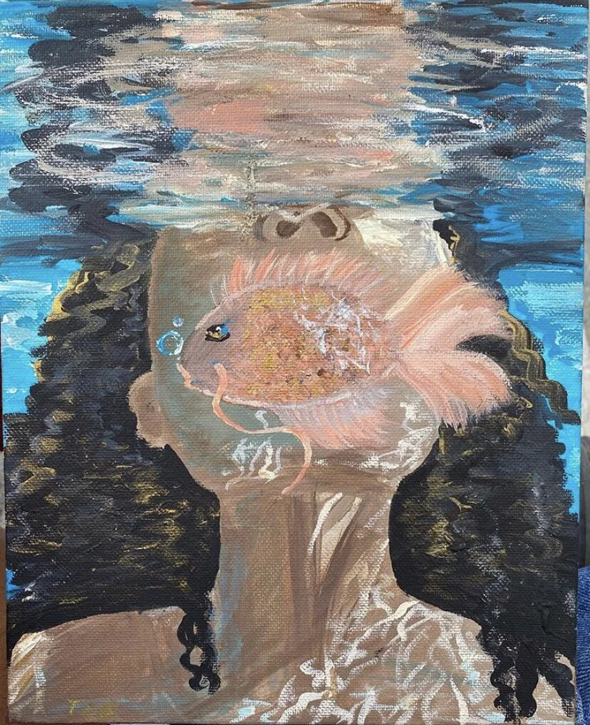 A painting of a woman with dark, curly hair holding a fish close to her face, with a background of water.