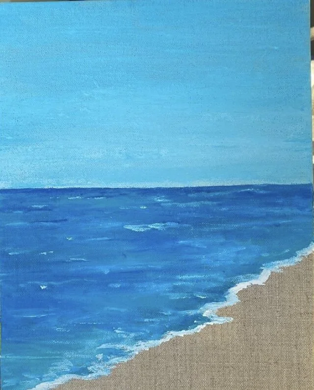 Painting of a beach scene with blue sky, ocean waves, and sandy shoreline.