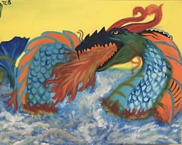 A colorful dragon with a fish-body, green head, and fiery orange and red flames emerging from its nostrils, depicted in a fantasy style with water below.