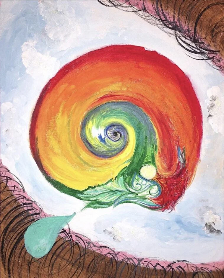 A colorful abstract painting with a spiral pattern in the center, surrounded by clouds and a textured brown border, with some brush strokes and a green leaf in the foreground.