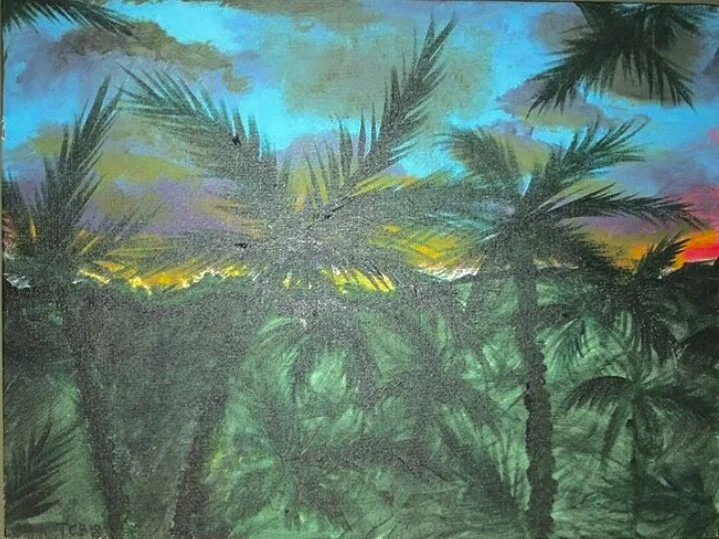 Painting of a tropical landscape with palm trees and a colorful sky at sunset or sunrise.