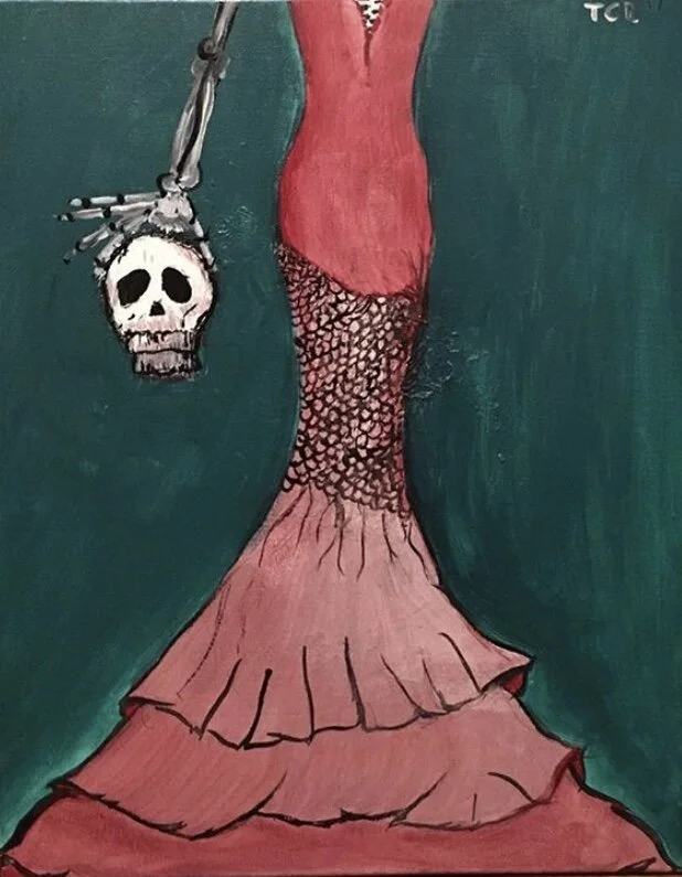 A painting of a woman in a red dress with a mermaid-style skirt holding a skull with a skeletal hand.