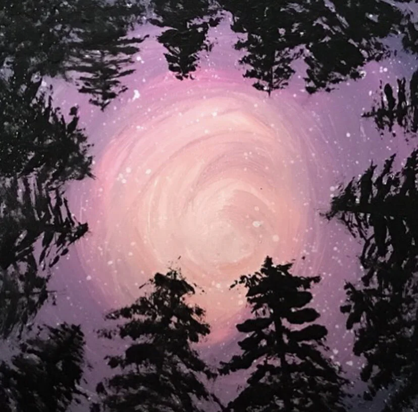 Silhouettes of trees against a colorful night sky with pink and purple hues and a bright, circular moon or galaxy.