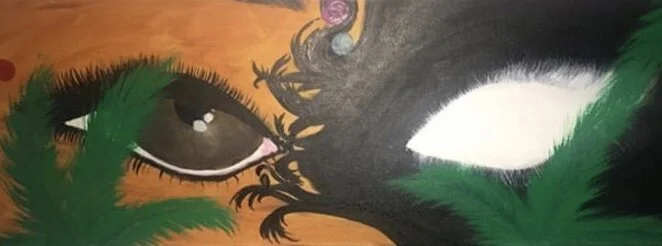 Close-up of a painted image showing a person's eye, hair, and various abstract elements with bright colors.