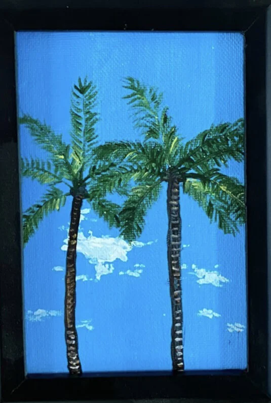 Painting of two palm trees with green fronds against a blue sky with a few white clouds.