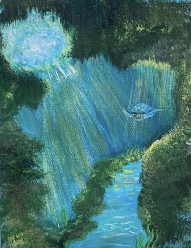 Painting of a waterfall with a blue dragonfly flying above a river surrounded by lush green trees and moss.