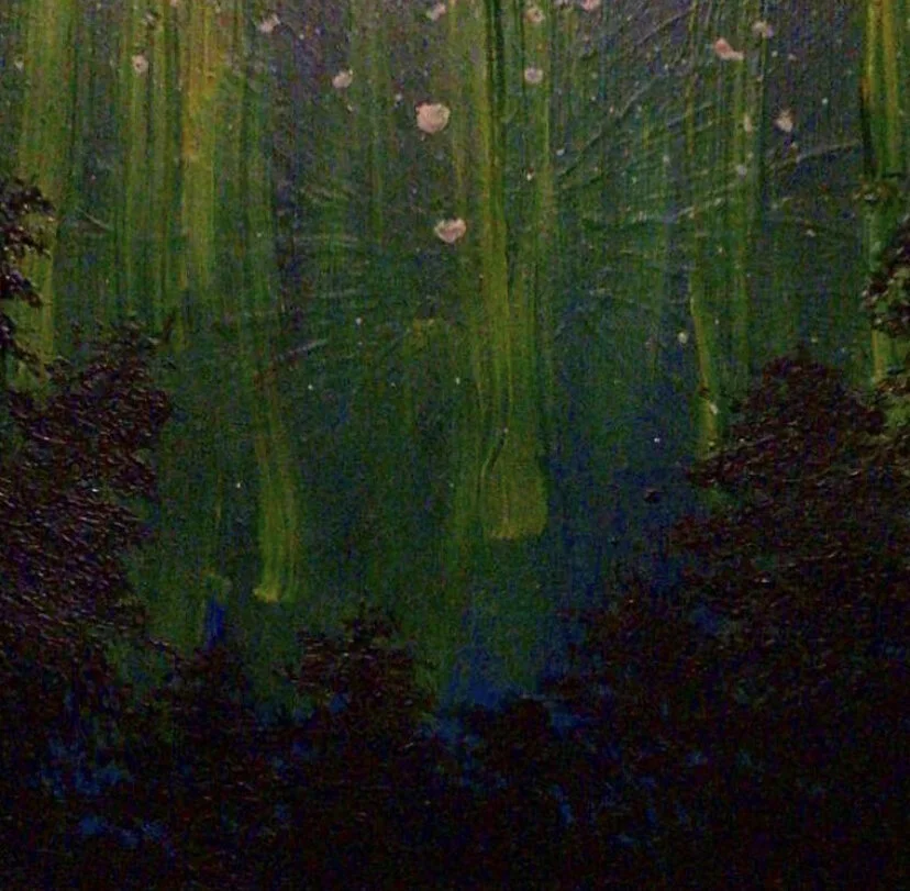 A dark, abstract painting with green, blue, and black hues and small pink and light-colored spots.