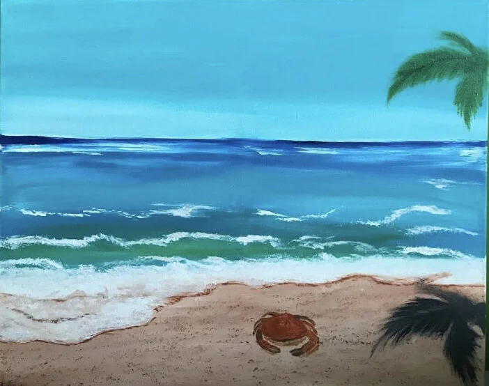 Painting of a beach scene with blue ocean waves, sandy shore, a crab, and palm trees.