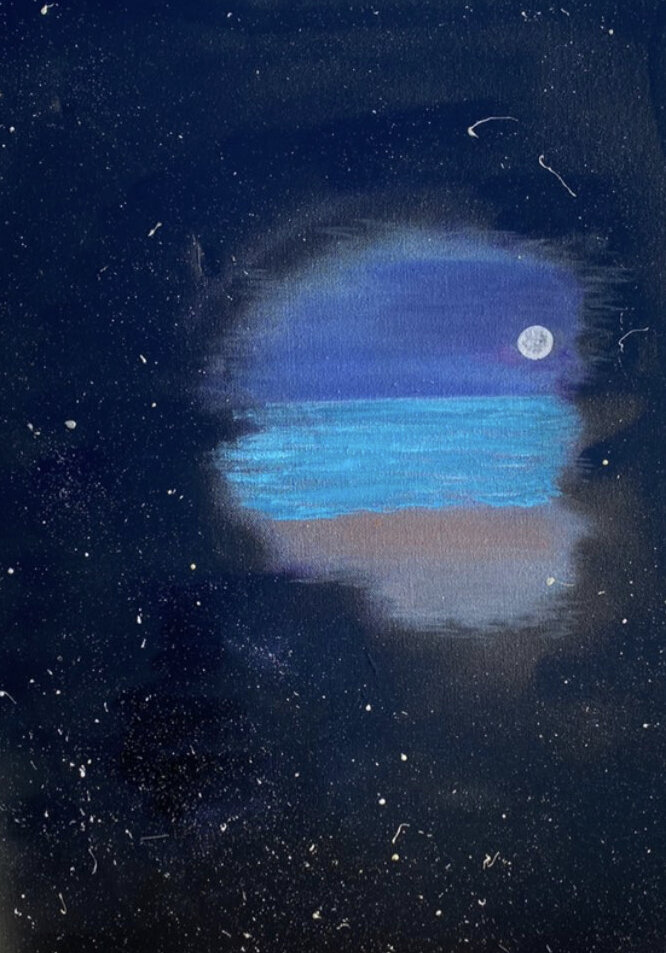 A painting of a night scene with a full moon over a body of water, surrounded by stars and cosmic dust.