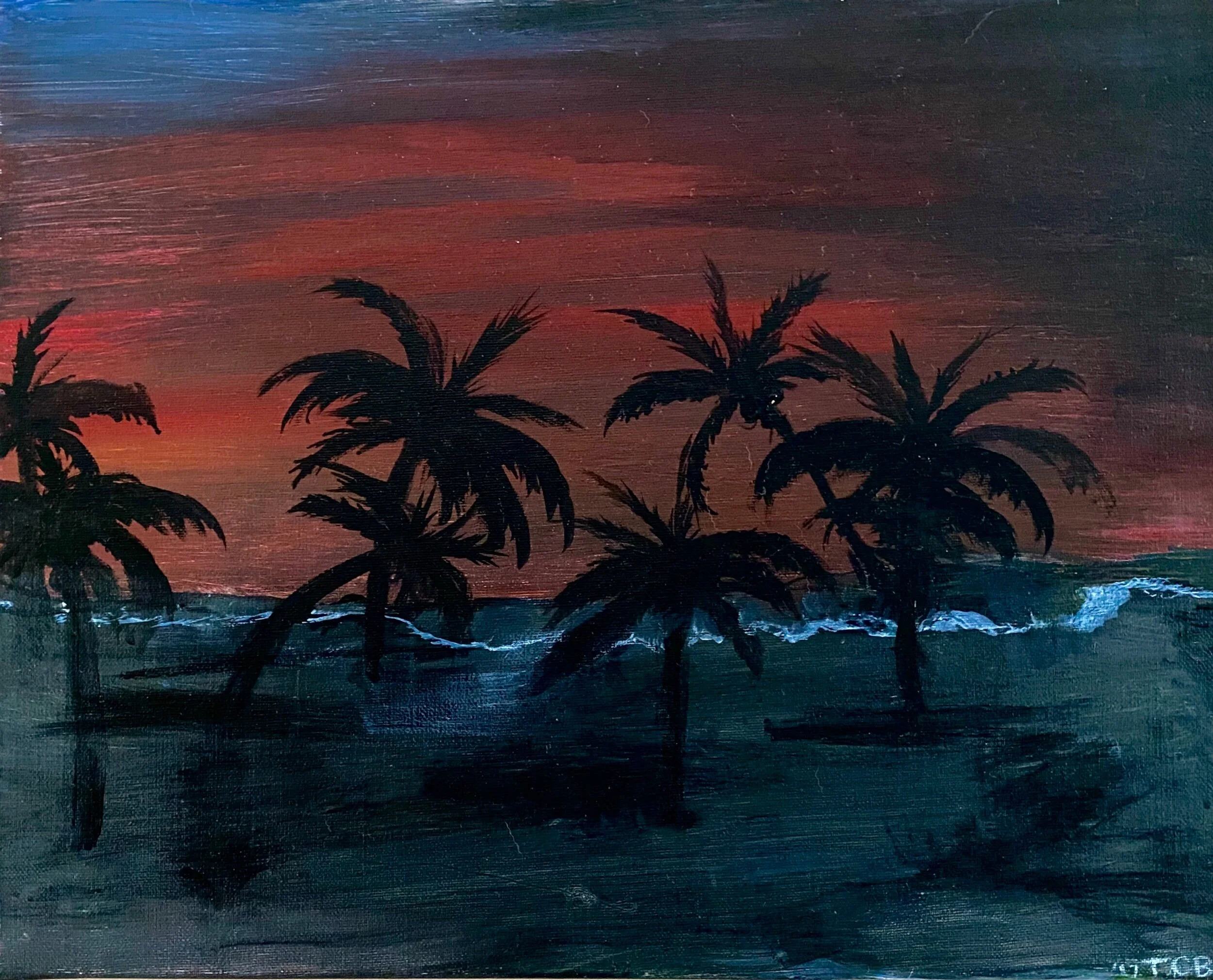 Silhouette of palm trees against a colorful sunset or sunrise sky with shades of red, orange, and dark blue.