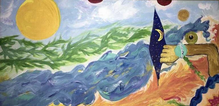 Abstract painting with a yellow sun, green hills, blue waves, a hand holding a cone with a starry night sky, and various colorful elements.