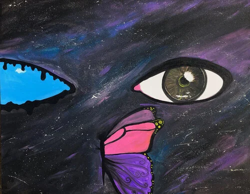 A surreal painting of a black panther with a galaxy-like background, featuring a human eye, a blue fish, and a pink and purple butterfly.