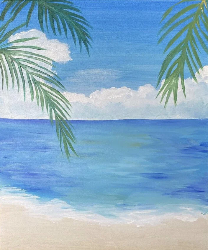 Painting of a tropical beach scene with blue water, white clouds, and green palm leaves in the foreground.