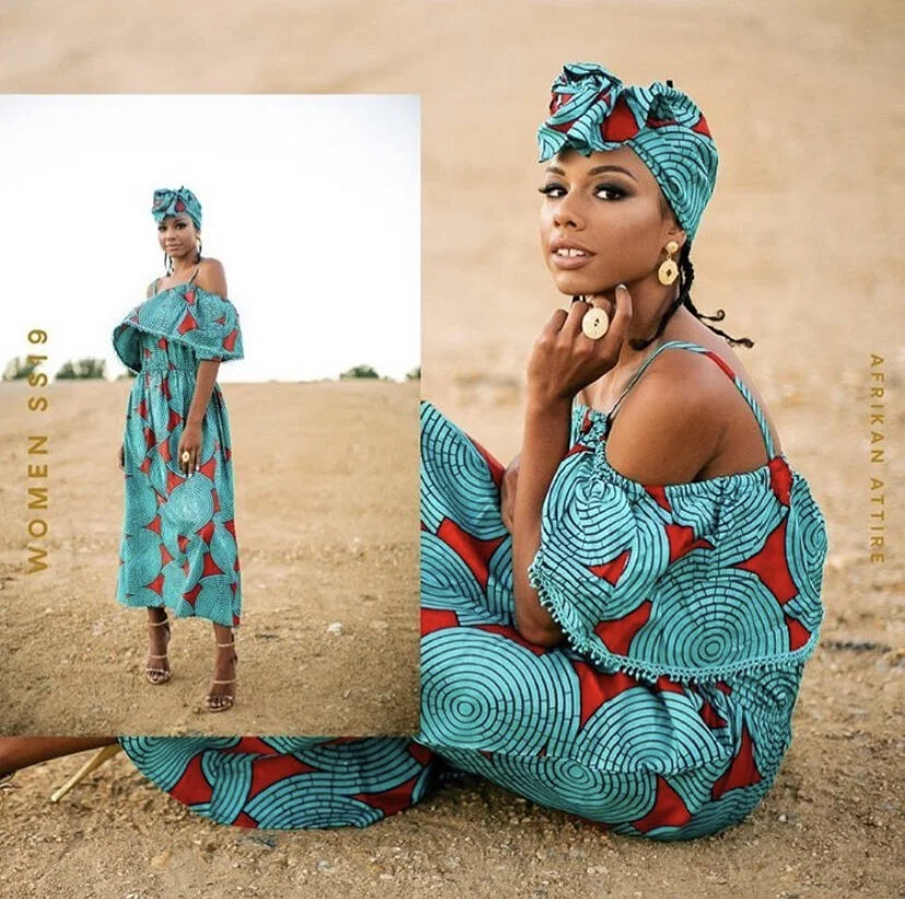 A woman wearing traditional African attire in vibrant turquoise and red patterns, with accessories, sitting on the ground at a desert-like location with a separate full-body view of her standing in the same attire against a plain background.