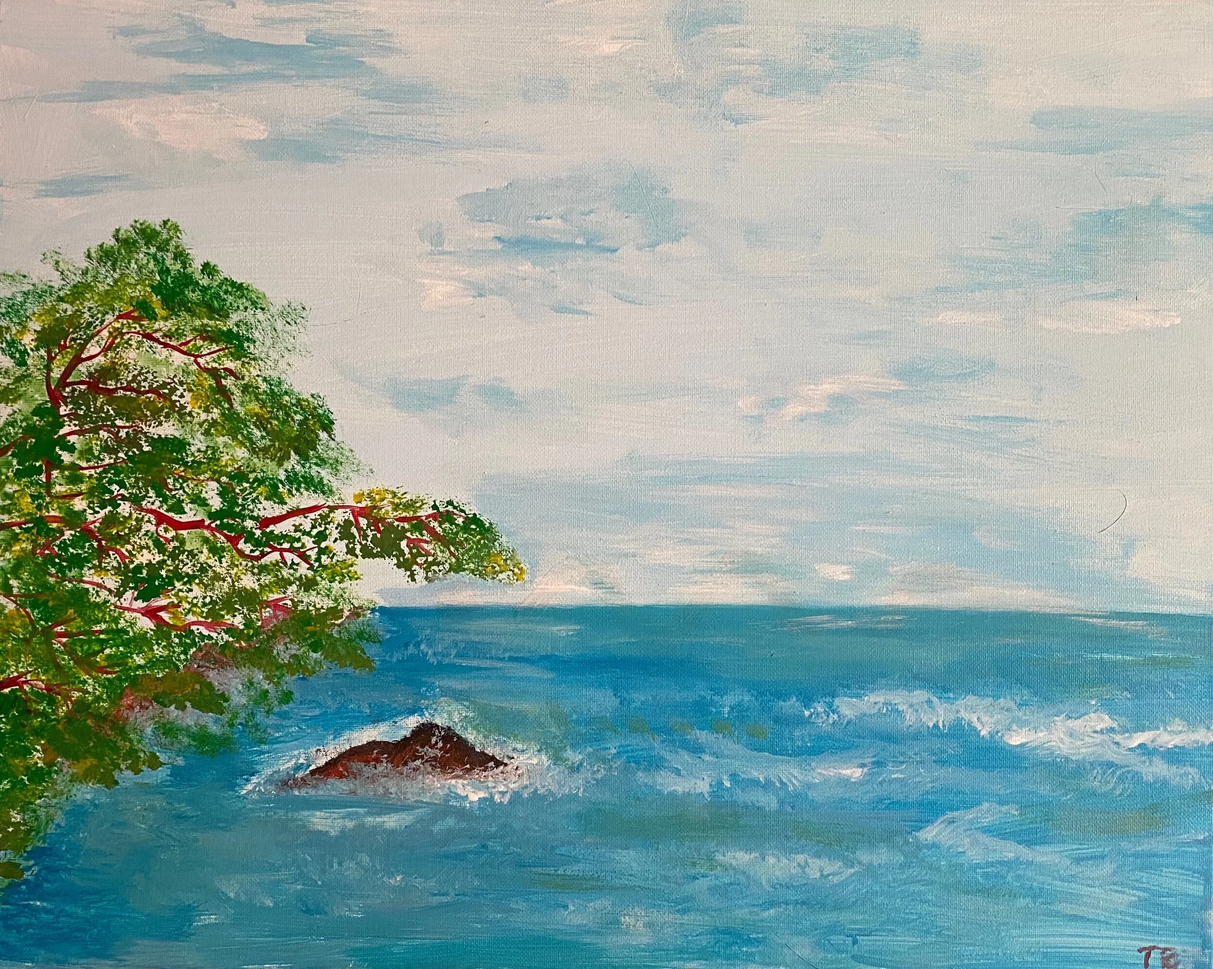 Painting of a seascape with a tree in the foreground, ocean waves, and a cloudy sky.