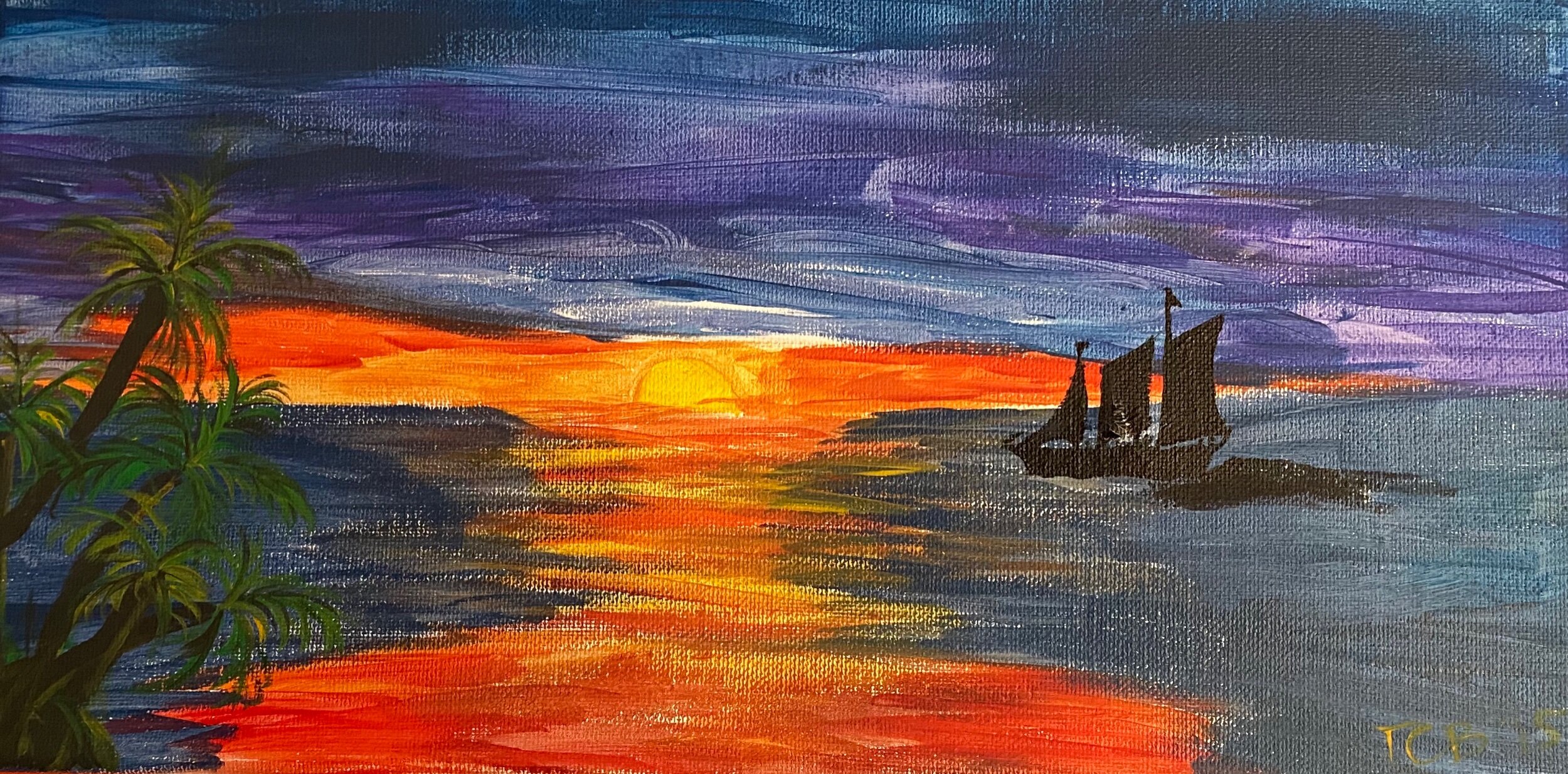 A vibrant painting of a sunset over the ocean with a ship in the distance and palm trees in the foreground.