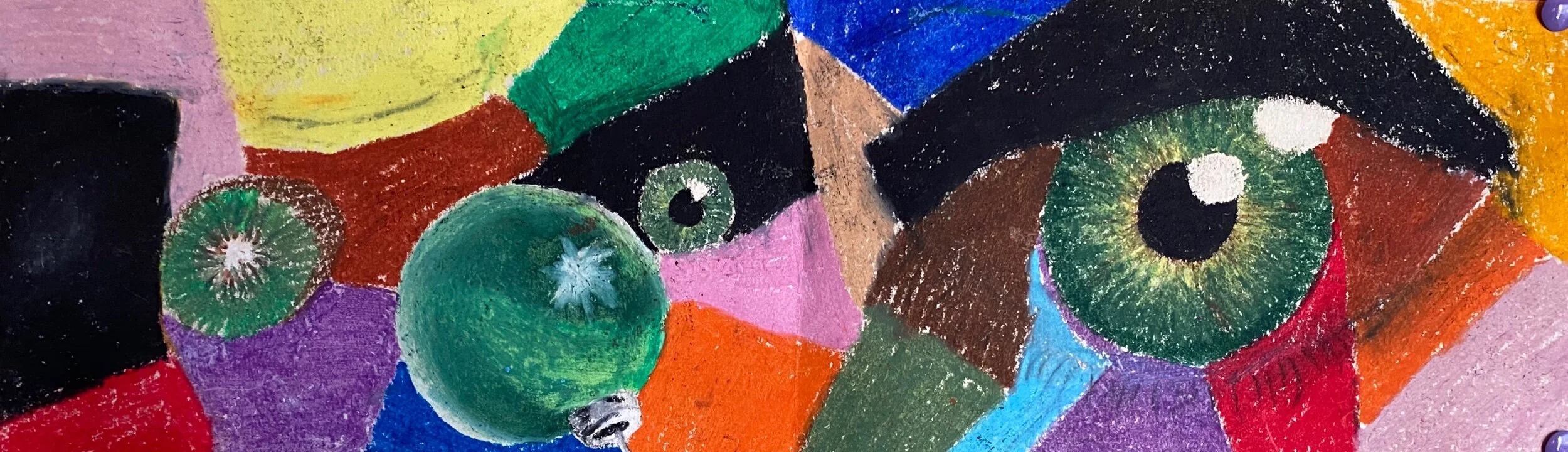 Colorful abstract artwork with geometric shapes and large, stylized green eyes.