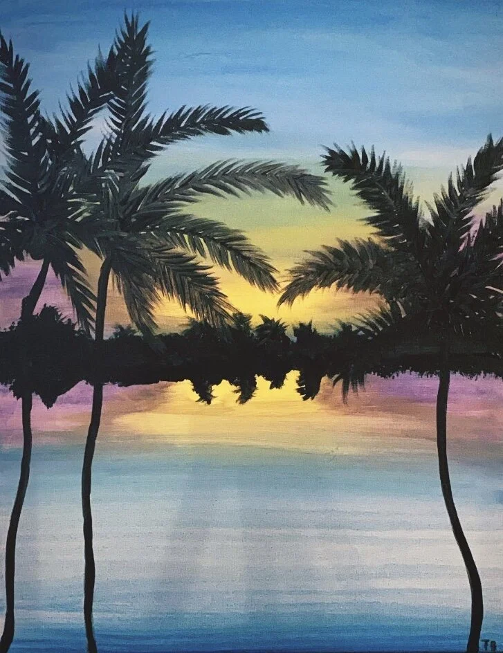 Colorful painting of a tropical beach scene with palm trees, a sunset with orange, yellow, pink, purple, and blue hues reflecting on the water.
