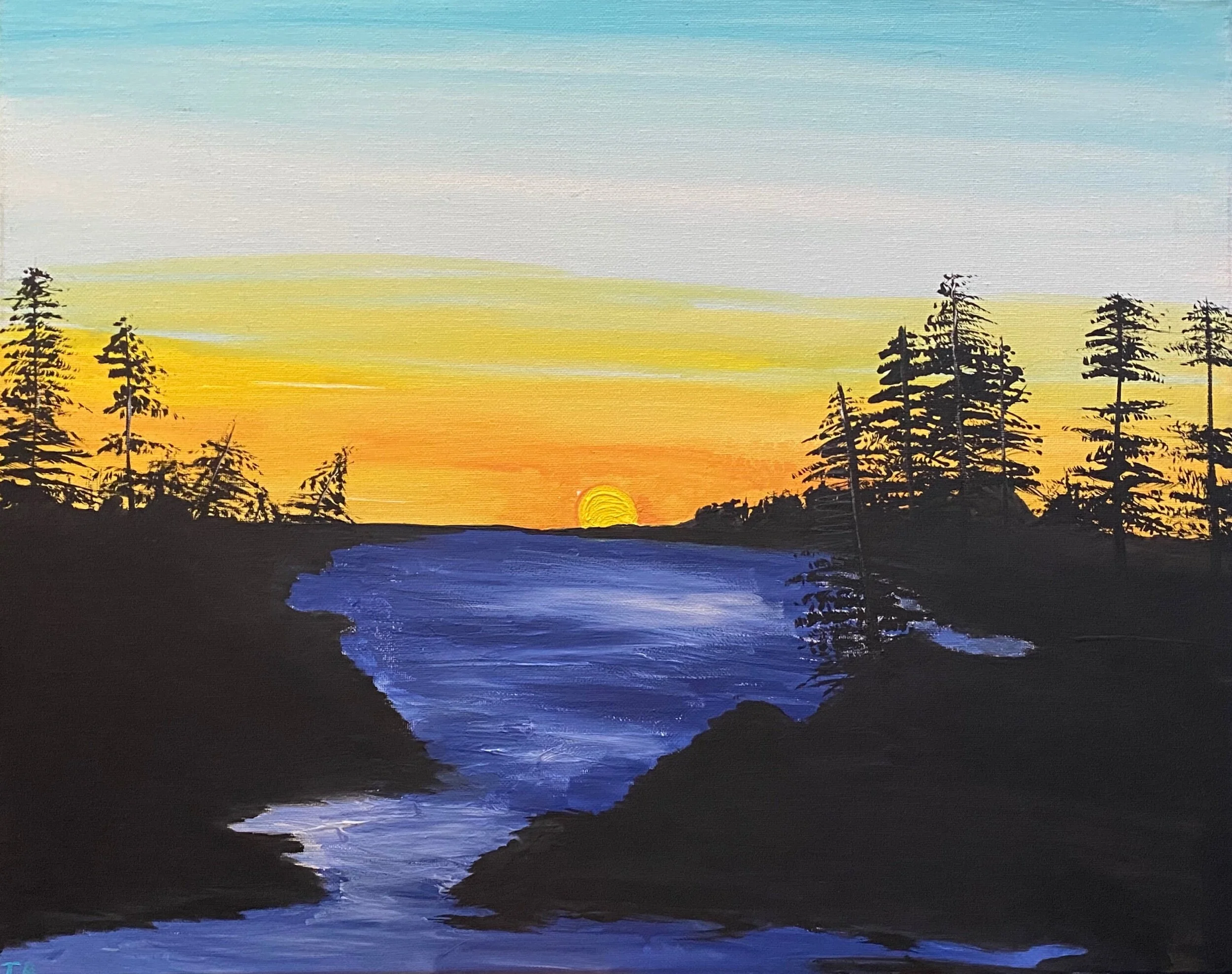 Painting of a sunset over a forested landscape with a river in the foreground, featuring trees silhouetted against the colorful sky.