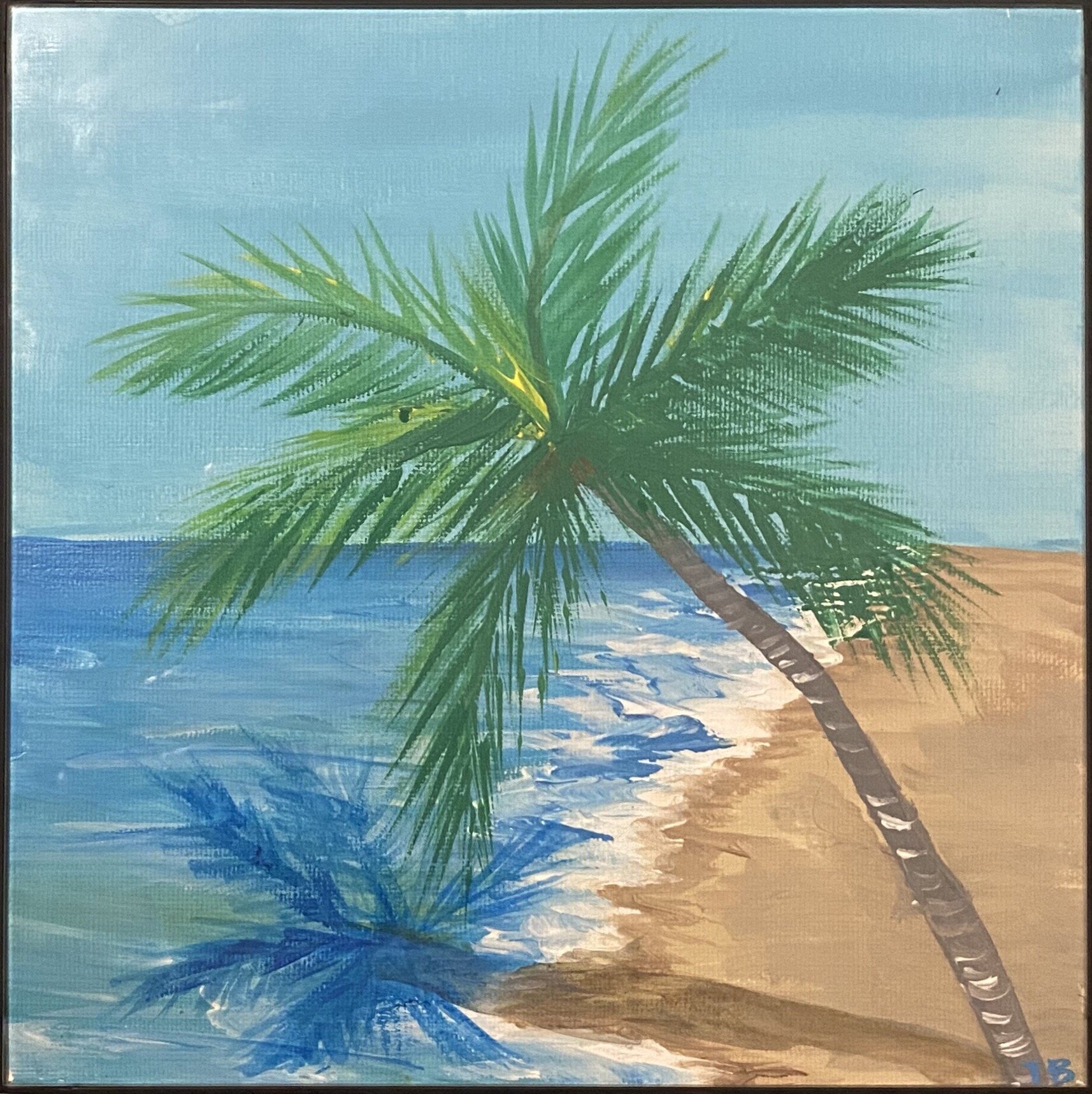 Painting of a tropical beach scene with a large palm tree, blue ocean, and sandy shore, using vibrant colors.